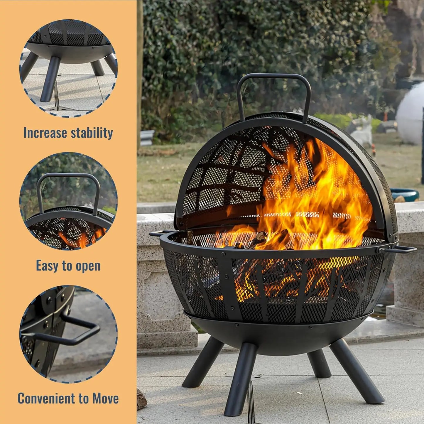 35 Inch Wood Burning Fire Pit with BBQ Grill, Heavy Duty Fire Pits Ball for Outside with Spark Screen & Removable Ash Pan,