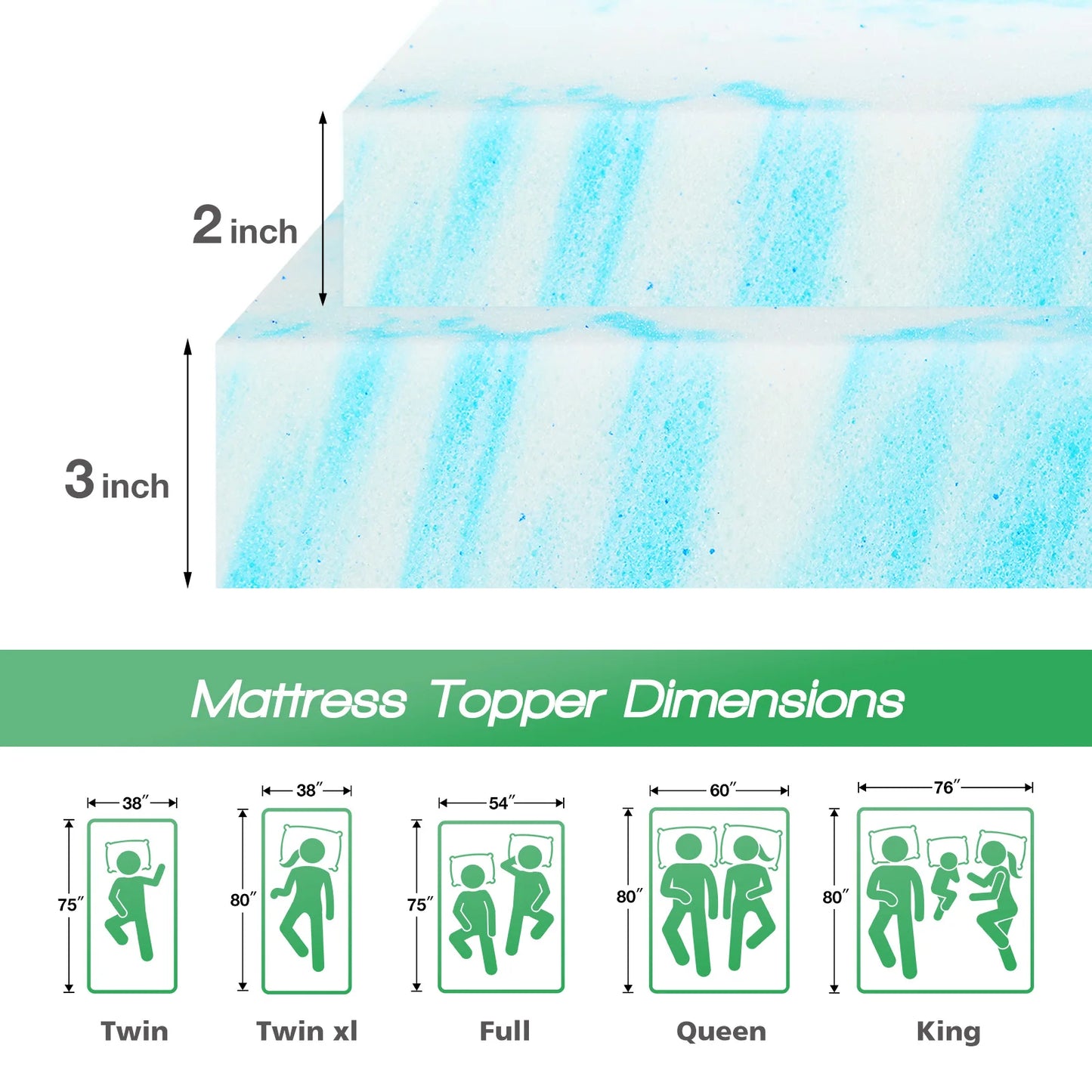 JHK 2-3 Inch Memory Foam Mattress Topper Queen Size Thick Gel Cooling Mattress Soft and Breathable Bed Topper Bedroom Furniture