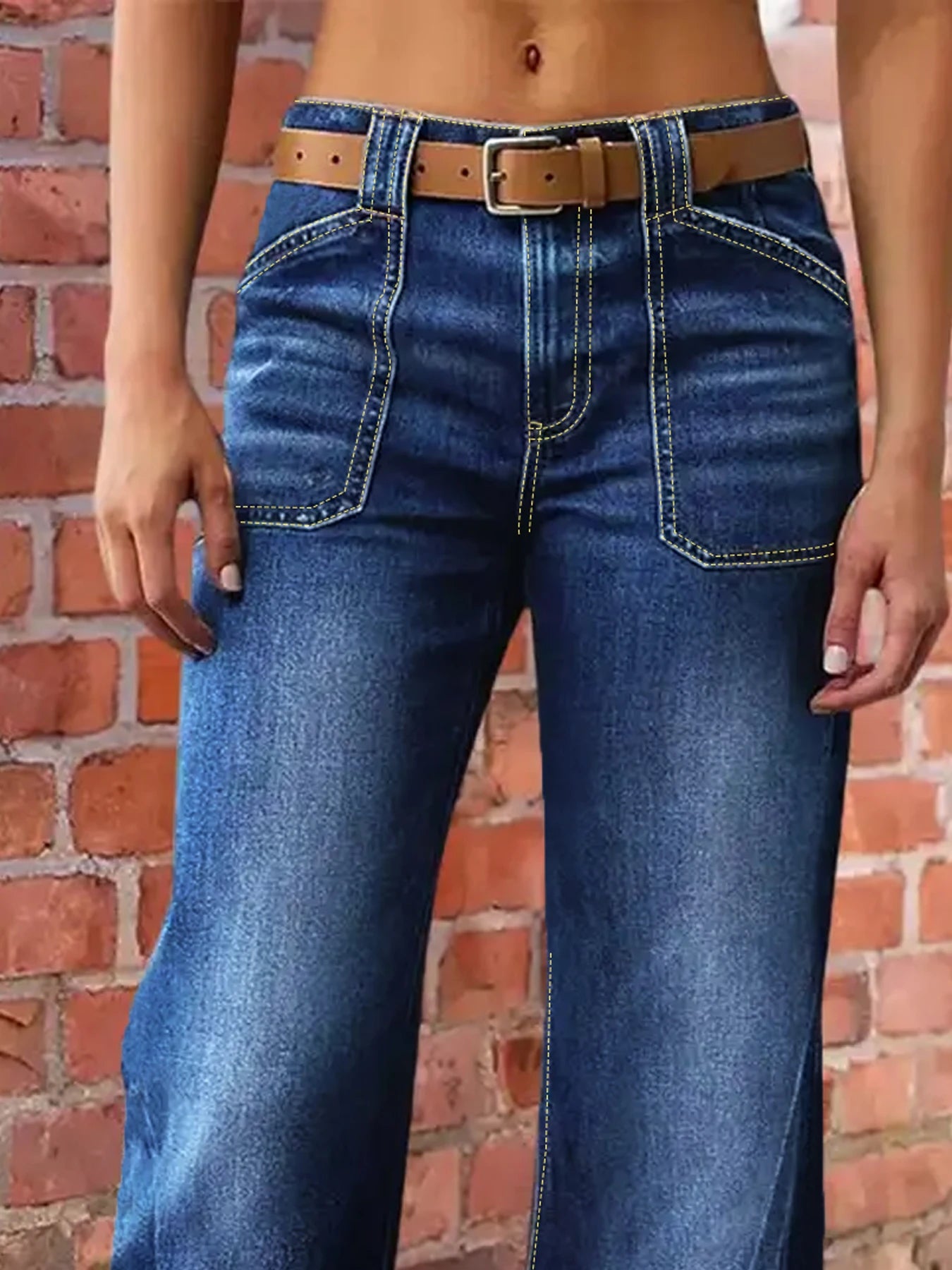 Plus Size Women's Dark Wash Mid Rise Wide Leg Jeans, Contrast Stitching, Casual Loose Fit Vintage Straight Denim Trousers