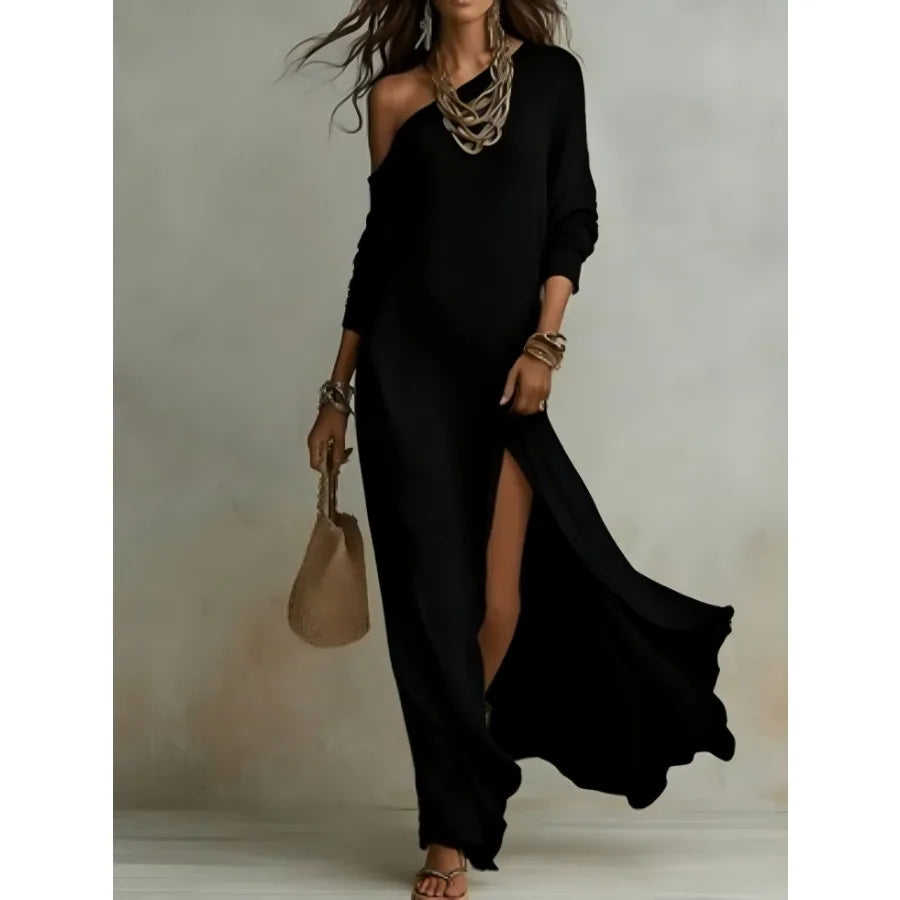 2026 European and American - Summer New Style Elegant Long-sleeved Knitted Pleated Split Women's Dress