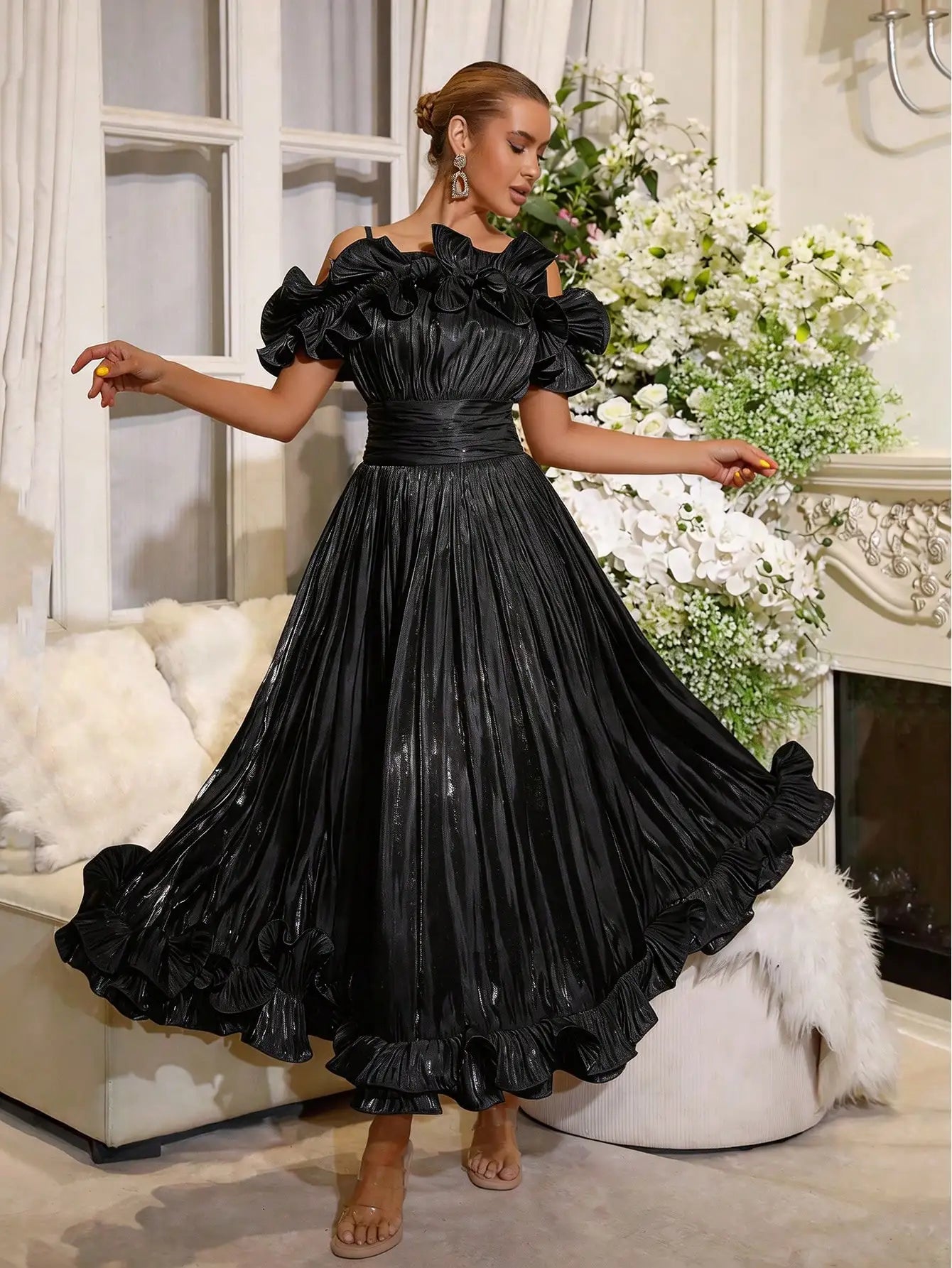 Off-Shoulder Pleated Maxi Dress With Ruffled Detail And Cinched Waist For Formal Occasion