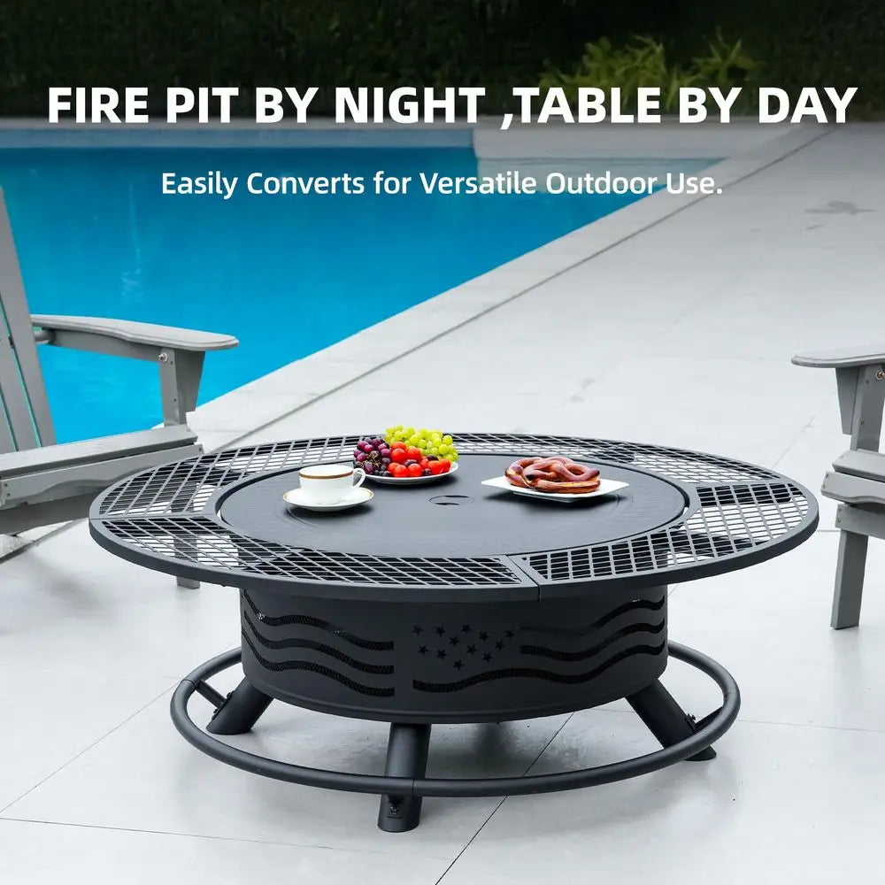 47 Inch Fire Pit with 2 Cooking Grates, Outdoor Wood Burning BBQ Grill Firepit Bowl with Cover Lid, Steel Round Table for Backy