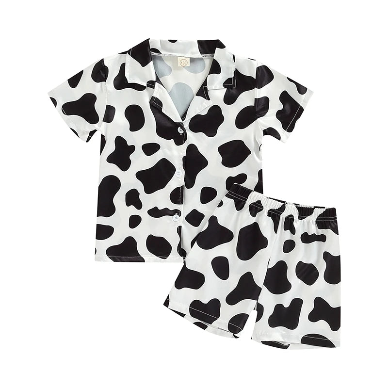 Kids 2 Pieces Pajamas Outfits Red Cow Pattern Print Colorful Short Sleeve Tops Elastic Waist Shorts Boys Girls Sleepwear Set