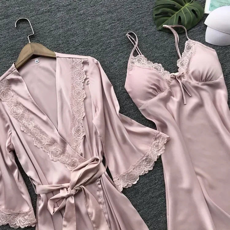 2PCS Female Lace Pajamas Set Satin Home Pyjamamas Lace Robe Sleep Suit V-Neck Wedding Nightwear Silk Dress Women Sleepwear