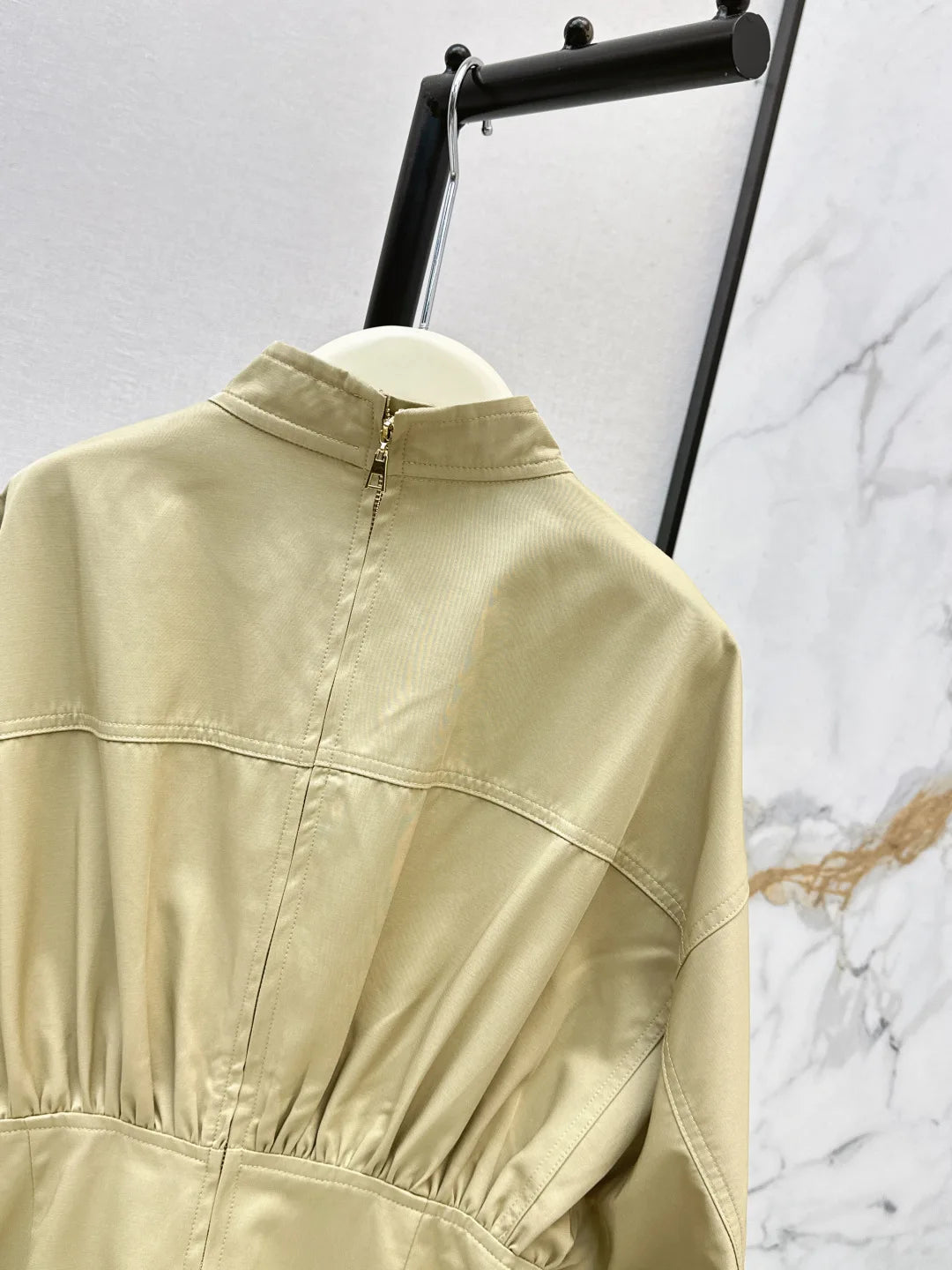 Women's Long Sleeve Stand Collar Pleated Waist Zipper Solid Color Dress Spring Autumn Casual Elegant Style 26702146
