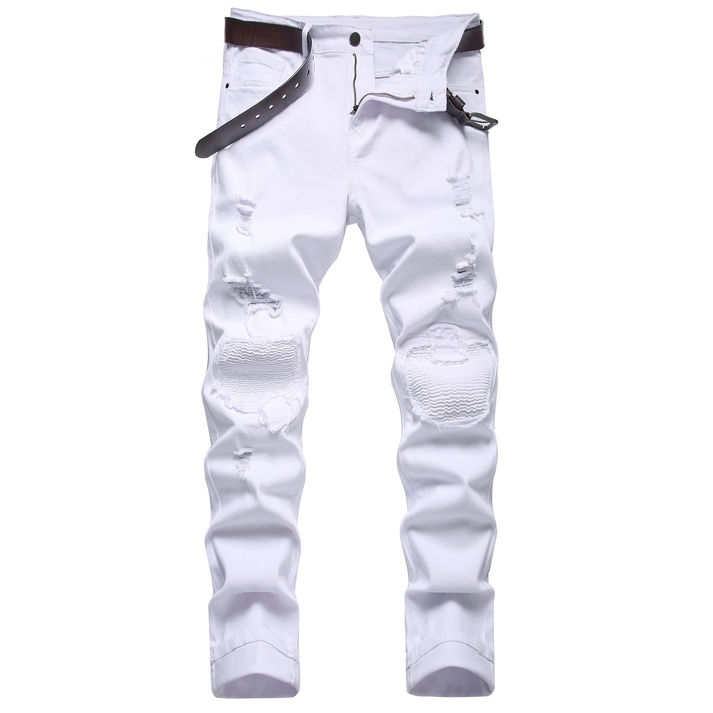 Men's White Slim Straight Biker Jeans, Fashion Hole Casual Jeans, Suitable for All Seasons