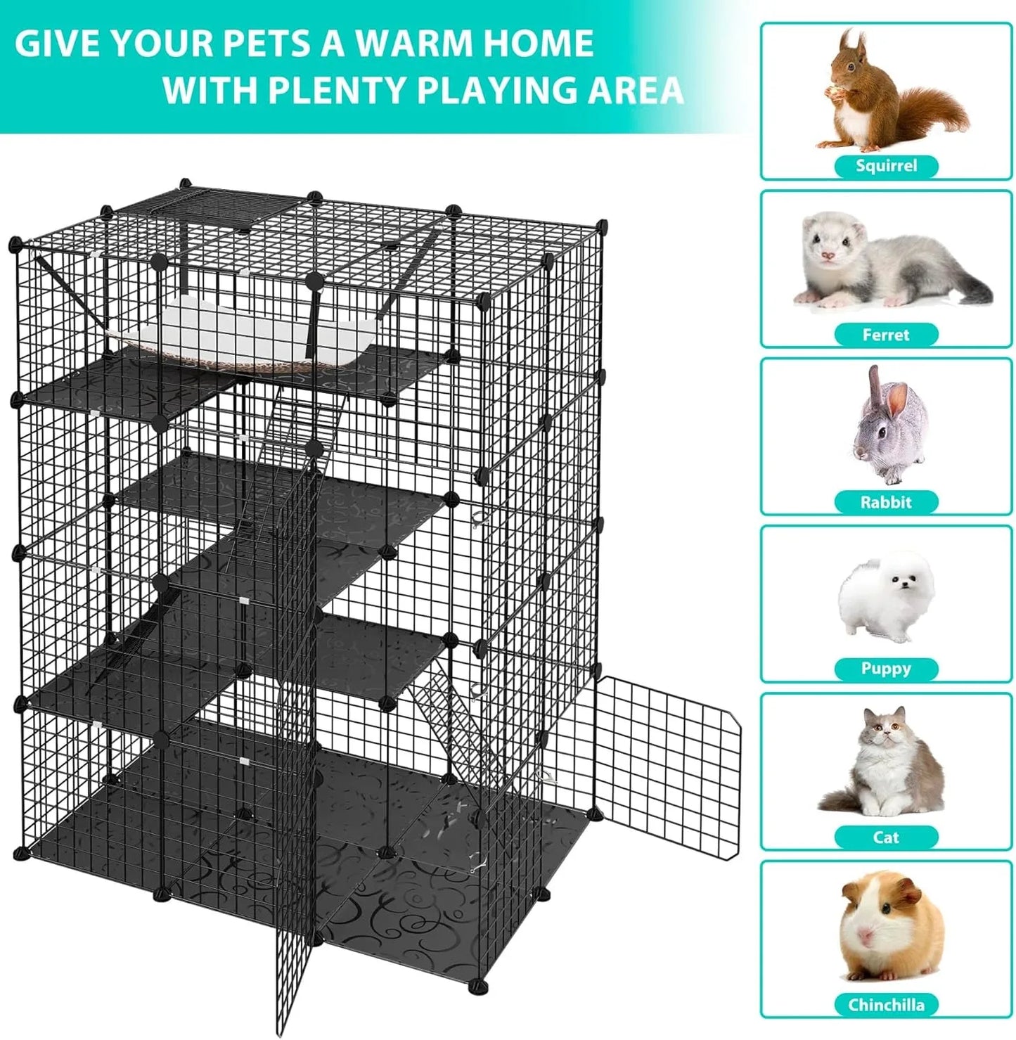 4-Tier Cat Cage Indoor Enclosure DIY Cat Playpen Metal Kennel with Extra Large Hammock, Catio Ideal for 1-3 Cats, F