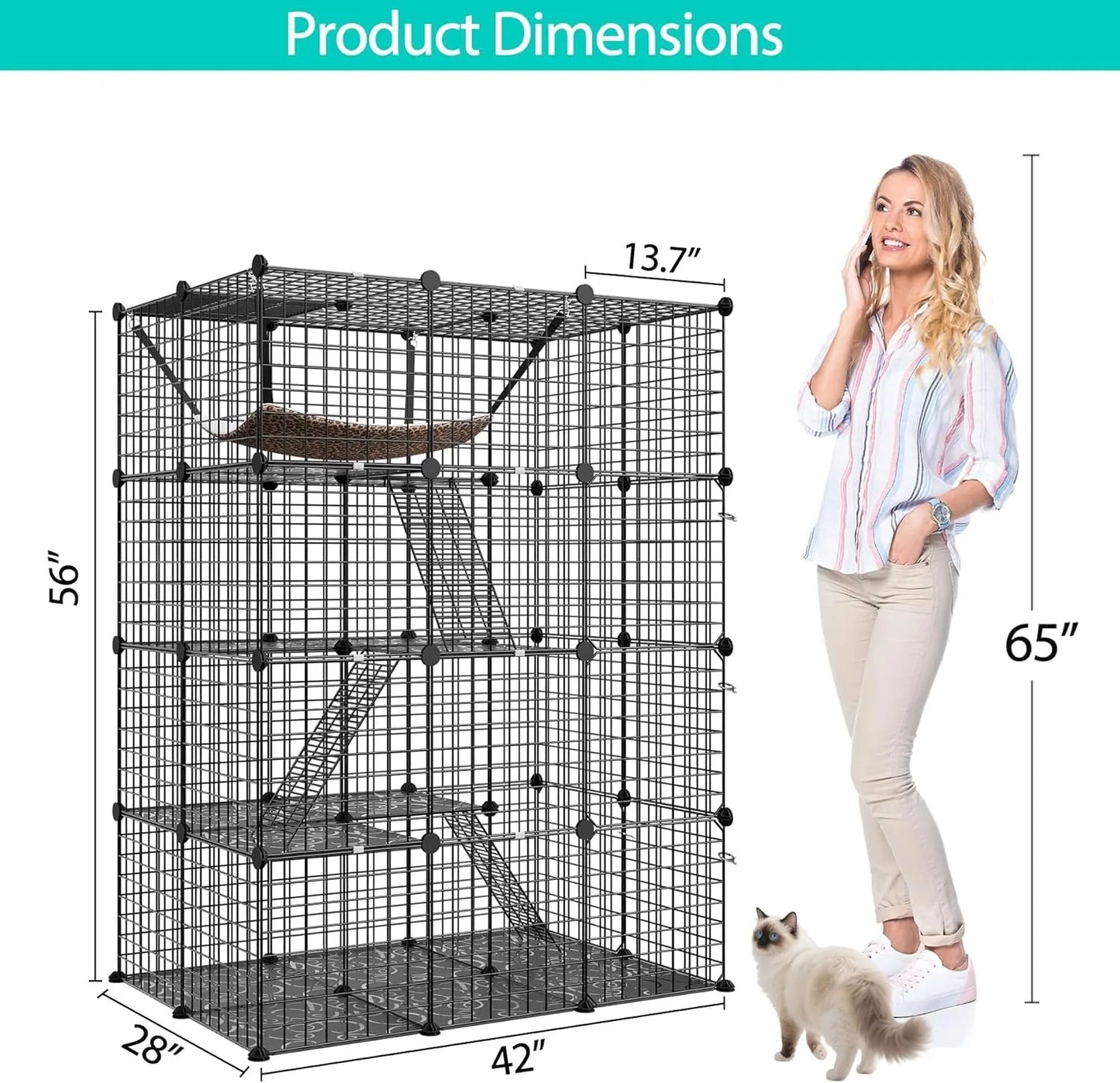4-Tier Cat Cage Indoor Enclosure DIY Cat Playpen Metal Kennel with Extra Large Hammock, Catio Ideal for 1-3 Cats, F