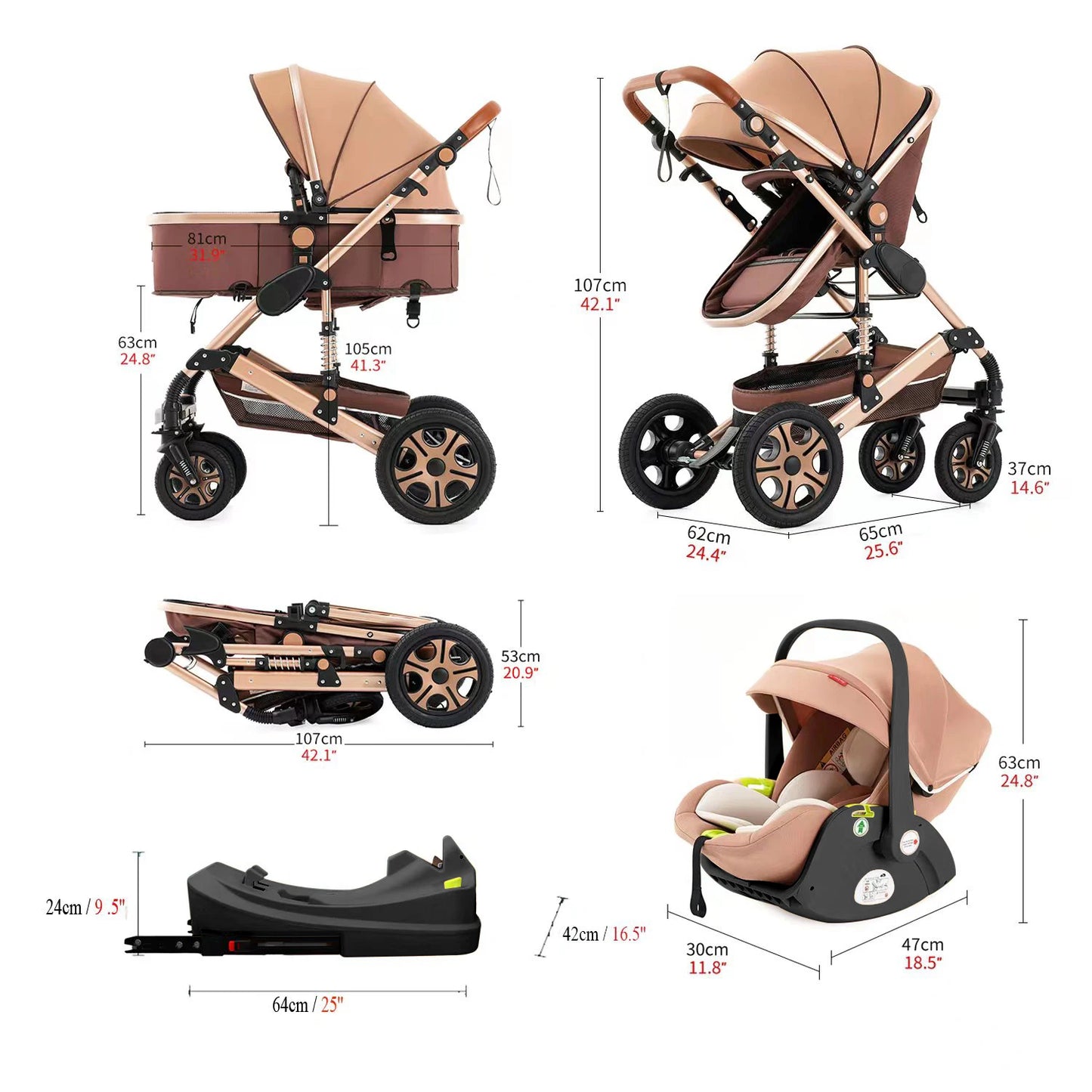 Baby Stroller Combo Car Seat  Infant Pushchair with Carry Cot Foldable Reversible Pram,Travel System with Isofix Base Upto 55lbs