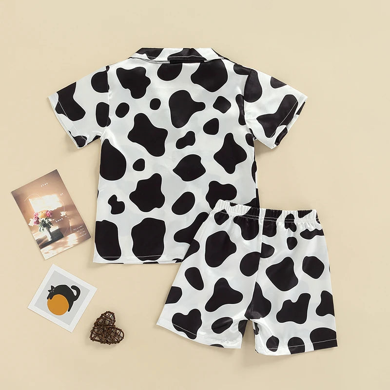 Kids 2 Pieces Pajamas Outfits Red Cow Pattern Print Colorful Short Sleeve Tops Elastic Waist Shorts Boys Girls Sleepwear Set