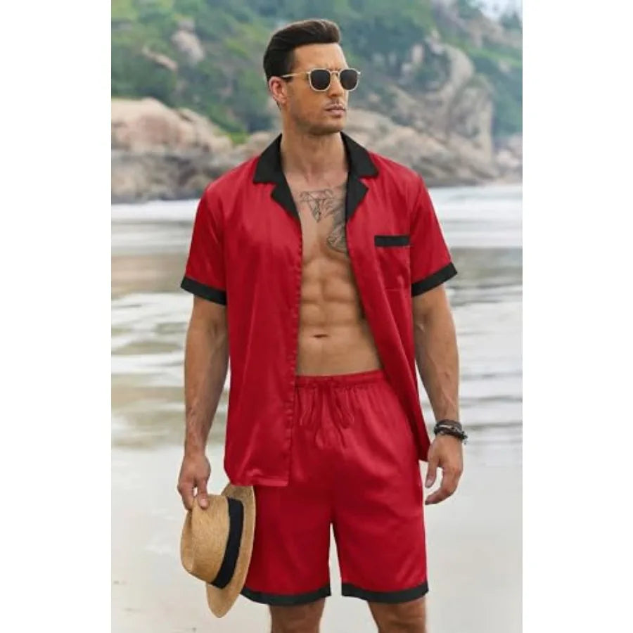 Men Satin Silk Pajamas Set with Pockets Sleepwear Shorts Satin Summer Loungewear 2 Pcs Button Down Set S-3XL