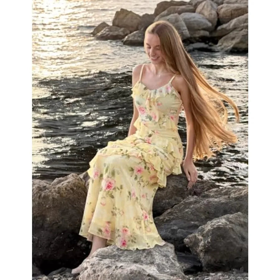MEROKEETY Summer Floral Wedding Guest Maxi Dress Women 2026 Vacation Formal Bodycon Spaghetti Strap Cocktail Party Long Dress