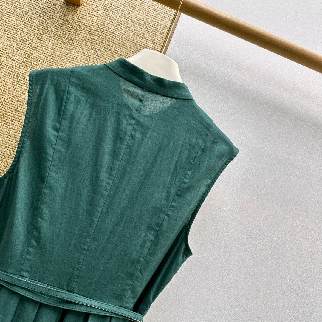 Women's Sleeveless round Neck Button-Up Solid Color Dress Spring Summer Fashion Elegant Style 26702155