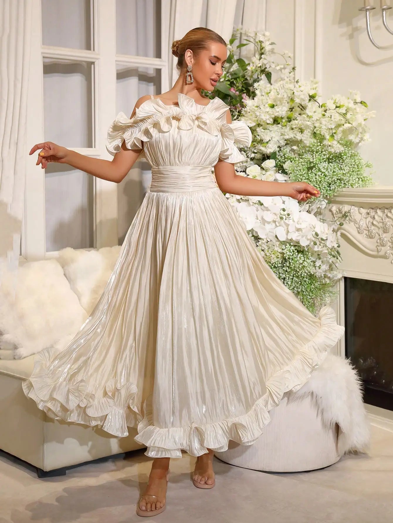 Off-Shoulder Pleated Maxi Dress With Ruffled Detail And Cinched Waist For Formal Occasion