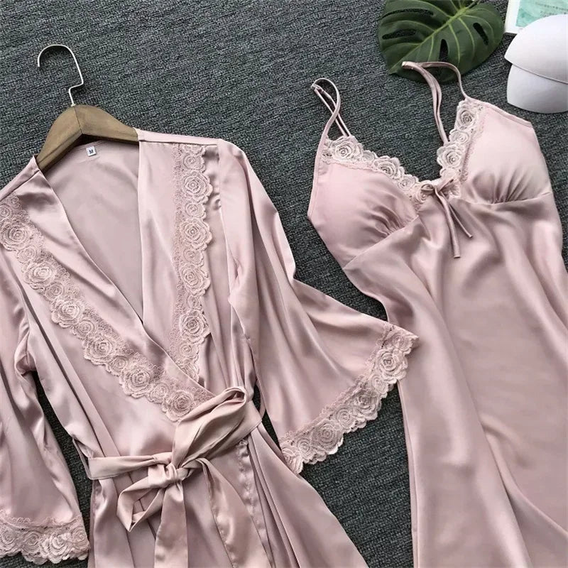 2PCS Female Lace Pajamas Set Satin Home Pyjamamas Lace Robe Sleep Suit V-Neck Wedding Nightwear Silk Dress Women Sleepwear