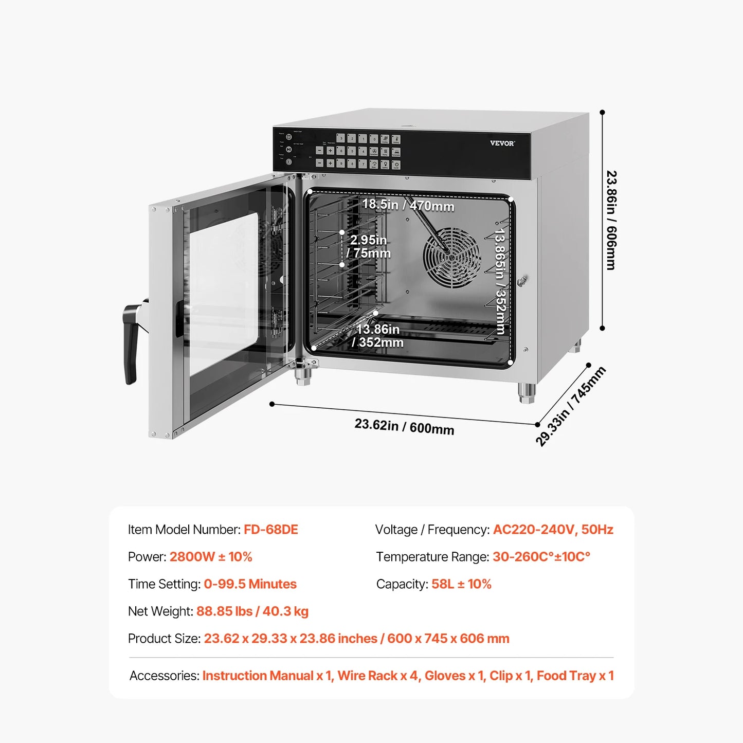 SucceBuy Commercial Convection Oven 58L 2800W 4-Tier Toaster Oven with Tempered Glass Door Racks Clip Tray Gloves for Restaurant