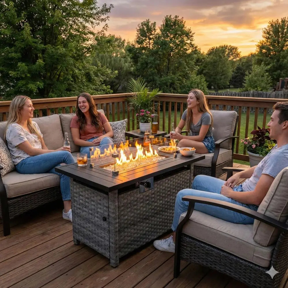 Fire Pit Table with Wind Guard for Outdoor, AutoIgnition Propane Gas Firepits Rattan Rectangular Table for Outside Patio 60,000