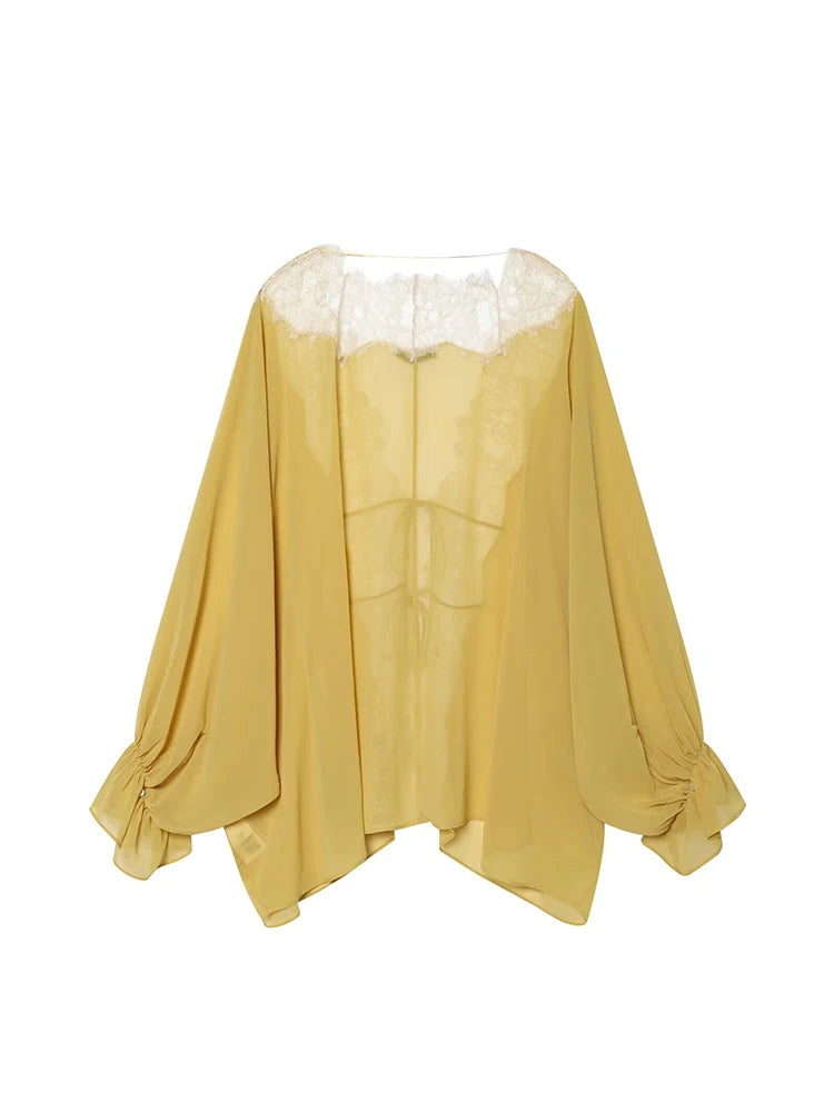 TFMLN Women Lace Patchwork Lantern Long Sleeve Shirt Top Tie-up Loose Sheer Blouse Elegant Irregular High Street Fashion Lady