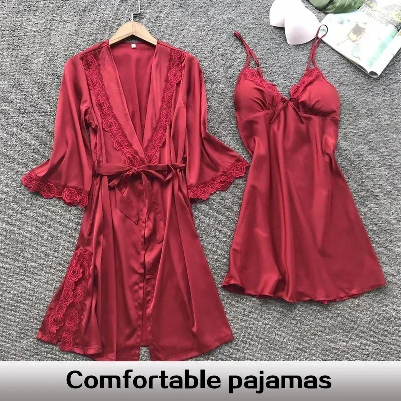 2PCS Female Lace Pajamas Set Satin Home Pyjamamas Lace Robe Sleep Suit V-Neck Wedding Nightwear Silk Dress Women Sleepwear