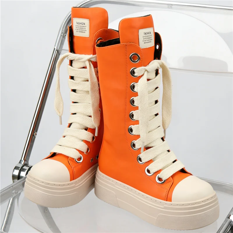 Fashion Thick Bottom Platform Unisex Shoes Women's Casual Sport Mid Boots Cross Tied All Match Increase Sneakers Female Runway