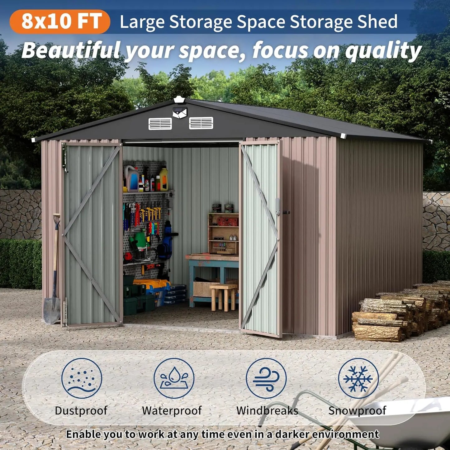 8x10 FT Metal Storage Sheds Outdoor with Solar Light, MetalTool Shed with Lockable Door, MetalYard Sheds Garden, Customized