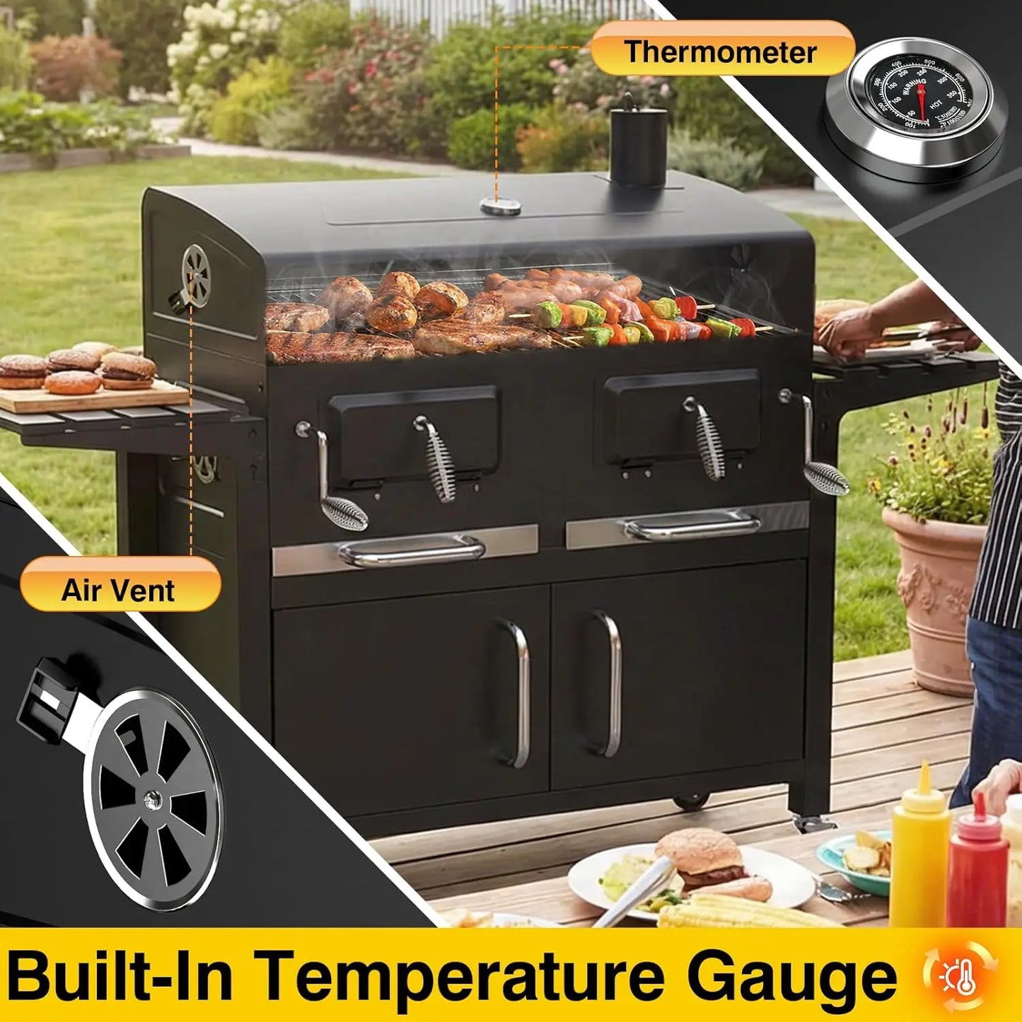 Large 63' Charcoal BBQ Grill & Smoker Outdoor with 2 Individual Lifting Charcoal Trays, Customized