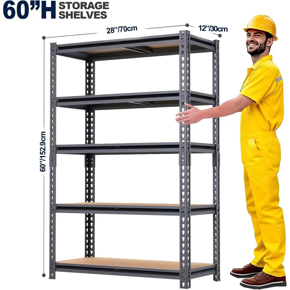 Garage Shelving, 2400 LBS Metal Storage Shelves, 12" x 28'' x 60'' Heavy Duty Shelf, Adjustable Shelving Rack
