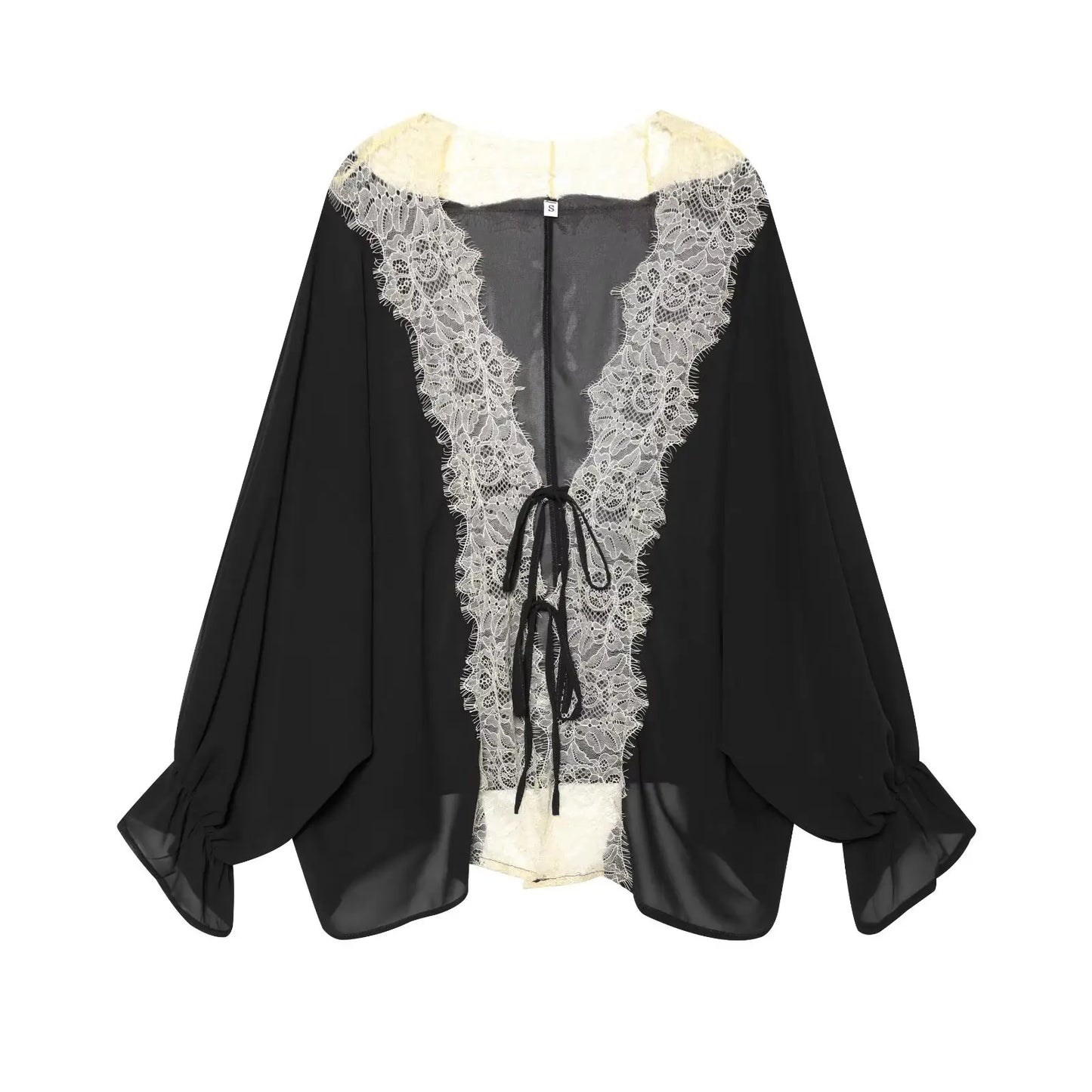 TFMLN Women Lace Patchwork Lantern Long Sleeve Shirt Top Tie-up Loose Sheer Blouse Elegant Irregular High Street Fashion Lady