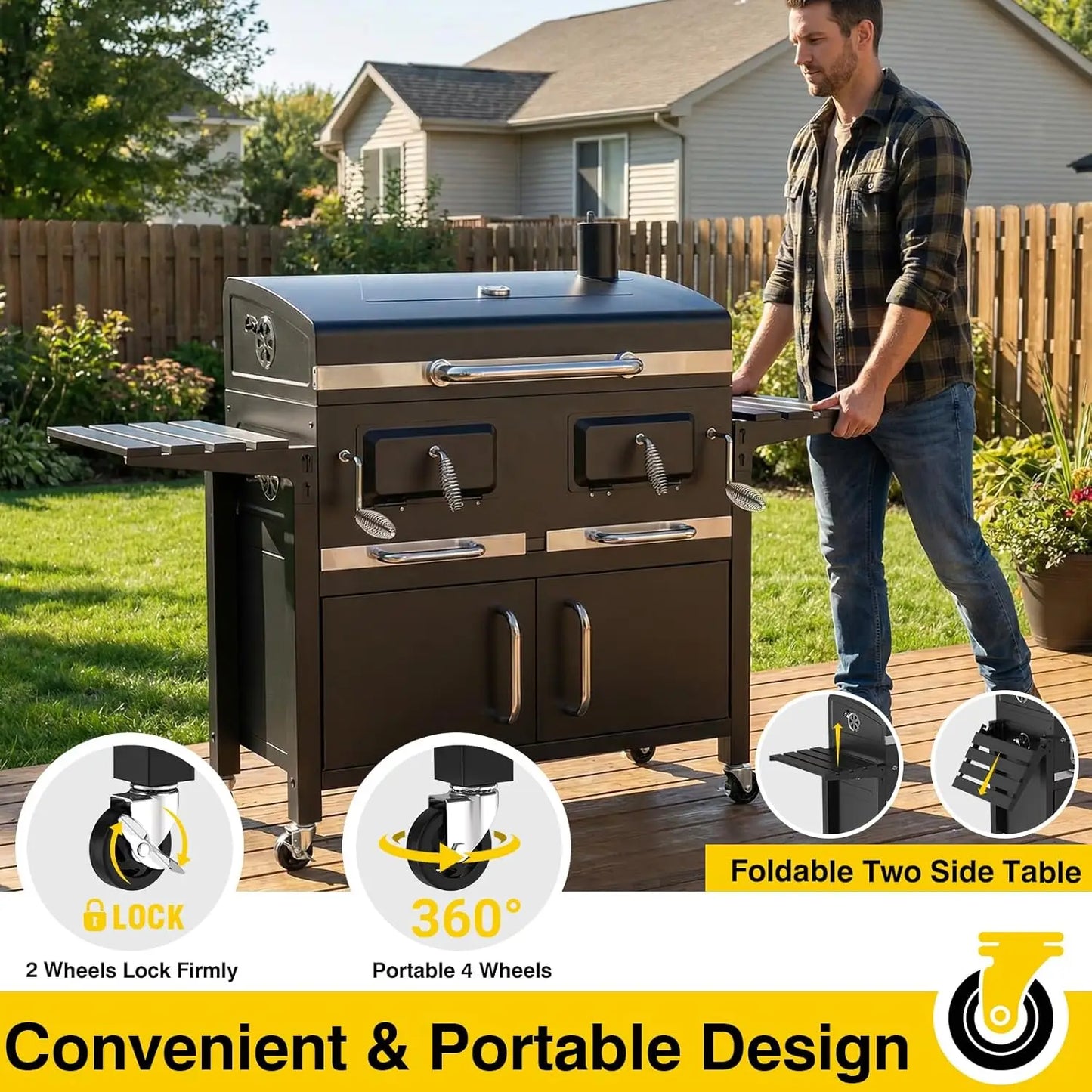 Large 63' Charcoal BBQ Grill & Smoker Outdoor with 2 Individual Lifting Charcoal Trays, Customized