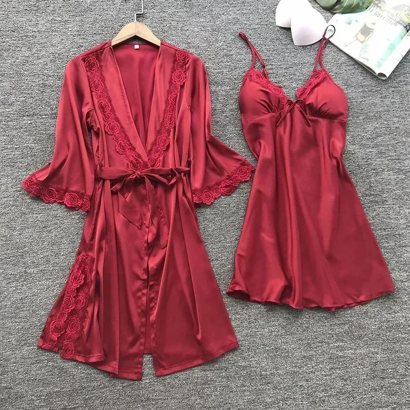 2PCS Female Lace Pajamas Set Satin Home Pyjamamas Lace Robe Sleep Suit V-Neck Wedding Nightwear Silk Dress Women Sleepwear