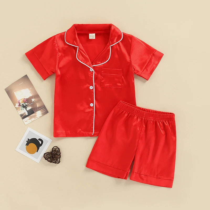 Kids 2 Pieces Pajamas Outfits Red Cow Pattern Print Colorful Short Sleeve Tops Elastic Waist Shorts Boys Girls Sleepwear Set