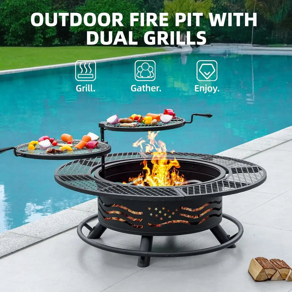 47 Inch Fire Pit with 2 Cooking Grates, Outdoor Wood Burning BBQ Grill Firepit Bowl with Cover Lid, Steel Round Table for Backy