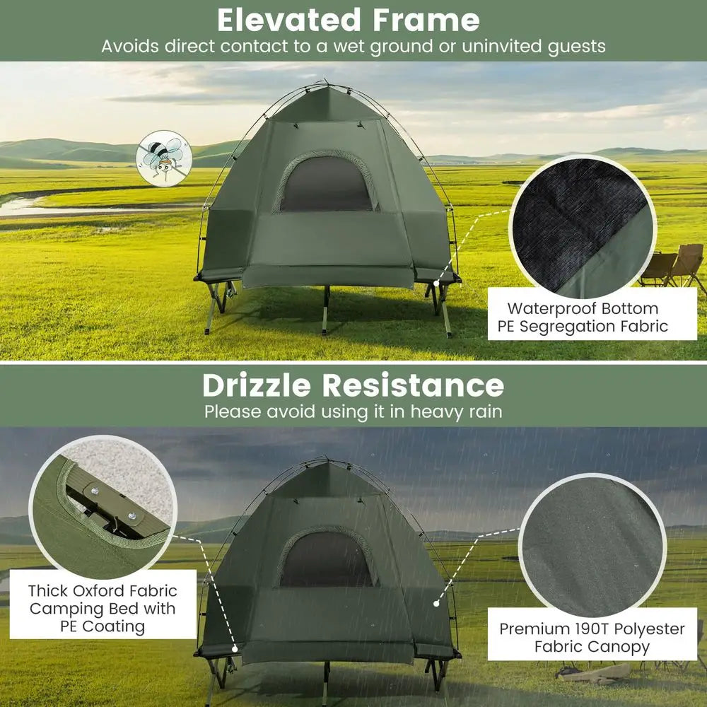 Camping Tent Cot, 5in1 Folding Camping Bed with Air Mattress, Pillow, Sleeping Bag, Waterproof Elevated Tent Shelter, Portable