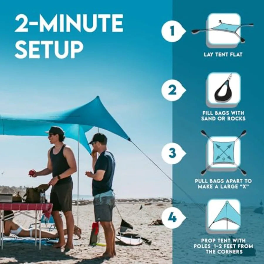 Portable beach tent for family outings, lightweight polyester fabric, navy blue, UPF 50+ sun protection and patented reinforced