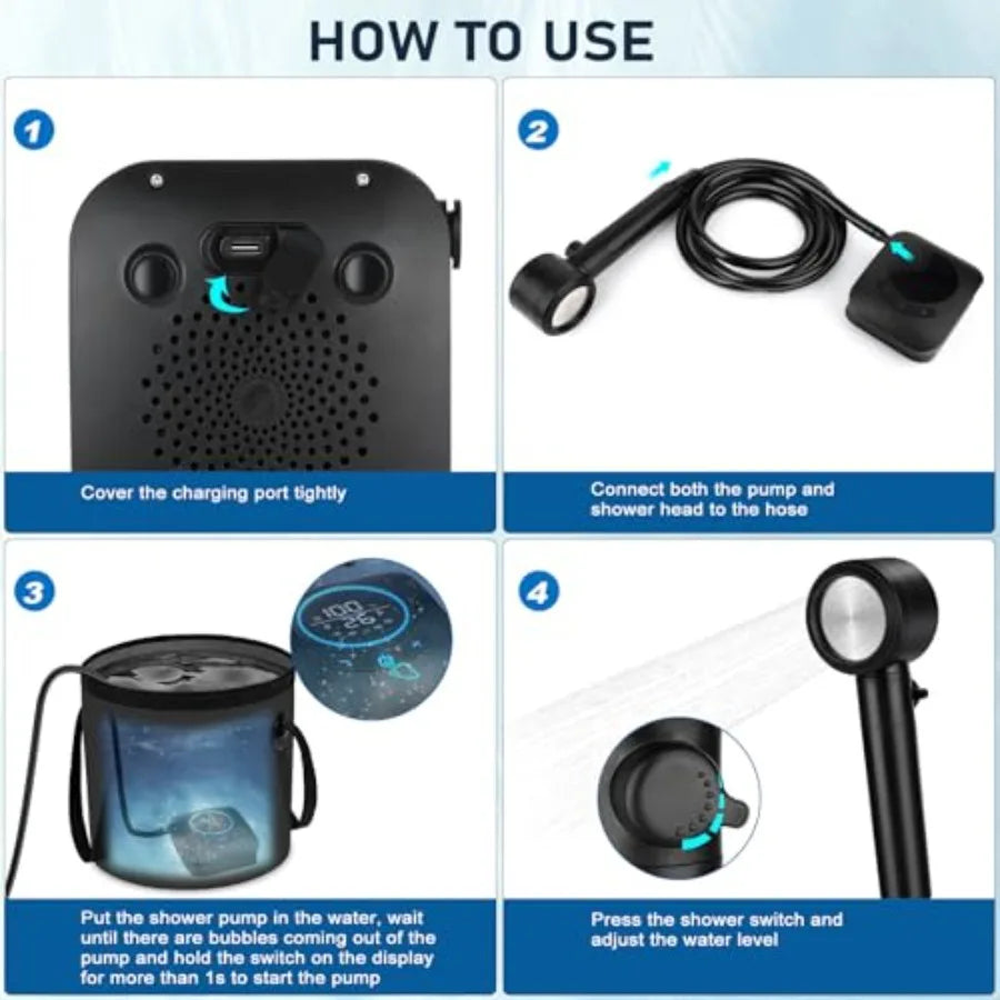 Portable Shower for Camping, [Upgraded] 8000mAh Rechargeable Camping Shower with 5 Adjustable Speeds, 4 Spray Modes