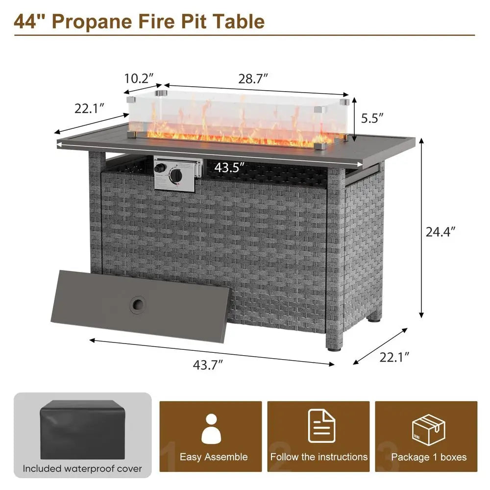 Fire Pit Table with Wind Guard for Outdoor, AutoIgnition Propane Gas Firepits Rattan Rectangular Table for Outside Patio 60,000