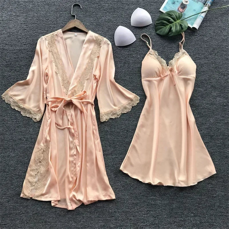2PCS Female Lace Pajamas Set Satin Home Pyjamamas Lace Robe Sleep Suit V-Neck Wedding Nightwear Silk Dress Women Sleepwear