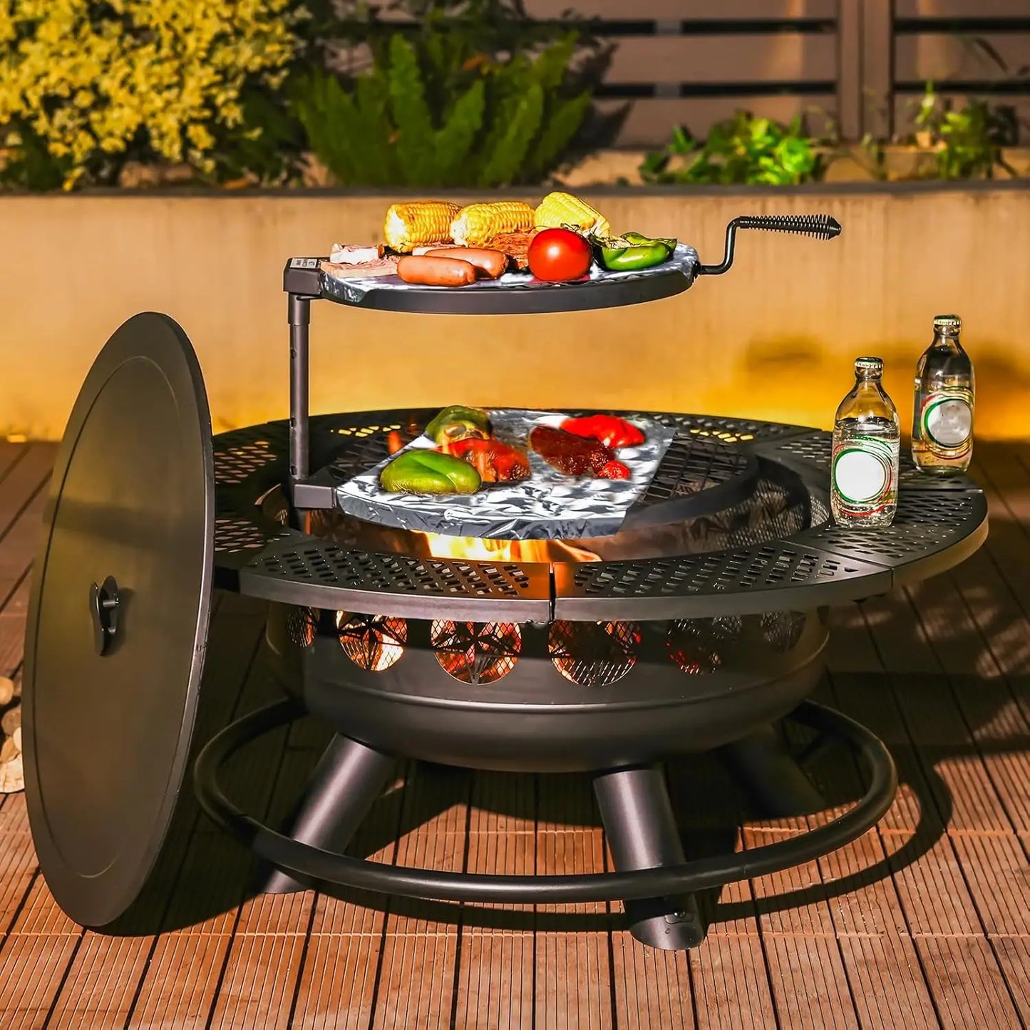 36 Inch Fire Pit with 2 Cooking Grills,Outdoor Wood Burning BBQ Firepit with Lid, 3-in-1 Outdoor Fire Pit for Backyard