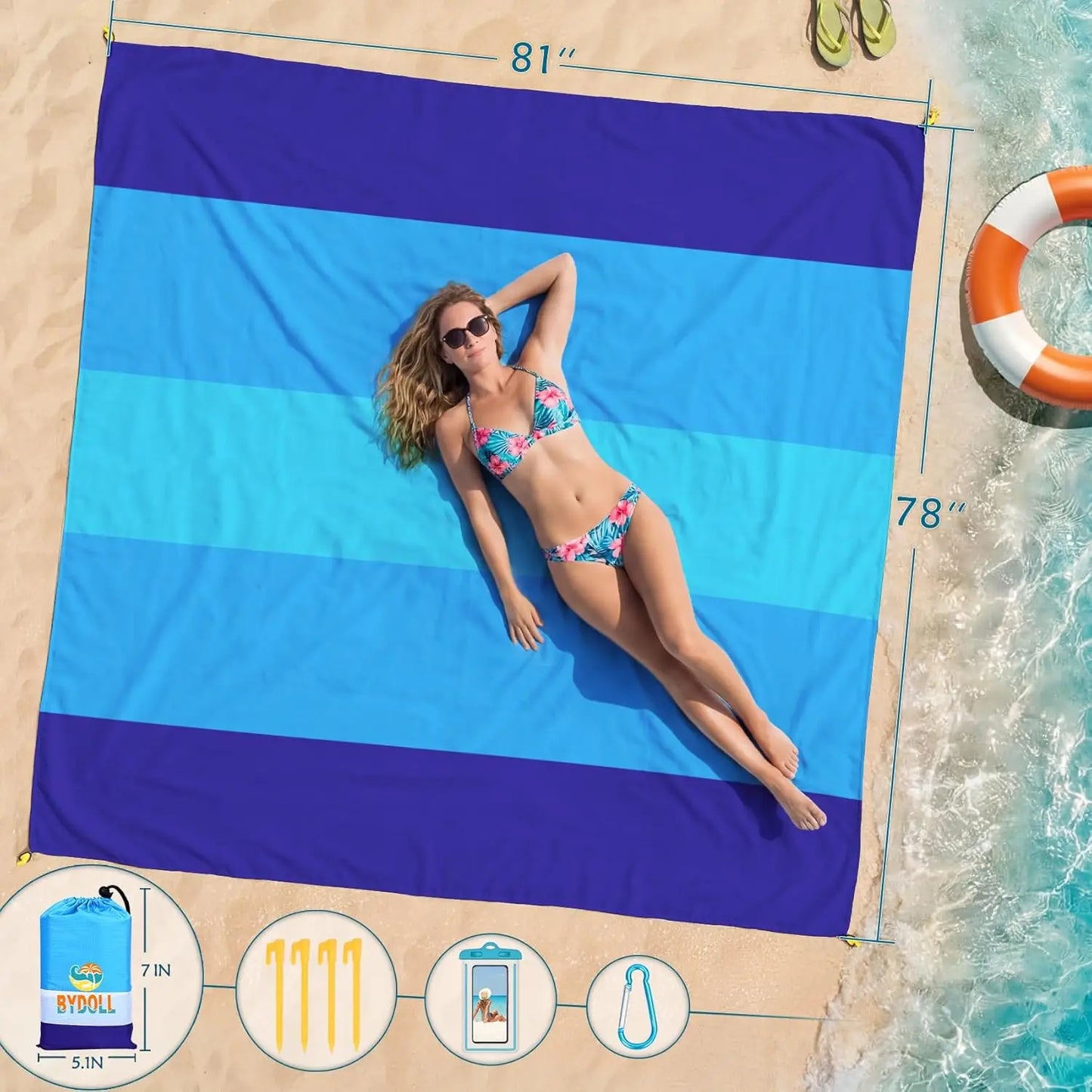 Oversized Beach Blanket 78x81 for 4-7 Adults, Lightweight Waterproof Sandproof Mat for Camping Travel Picnic