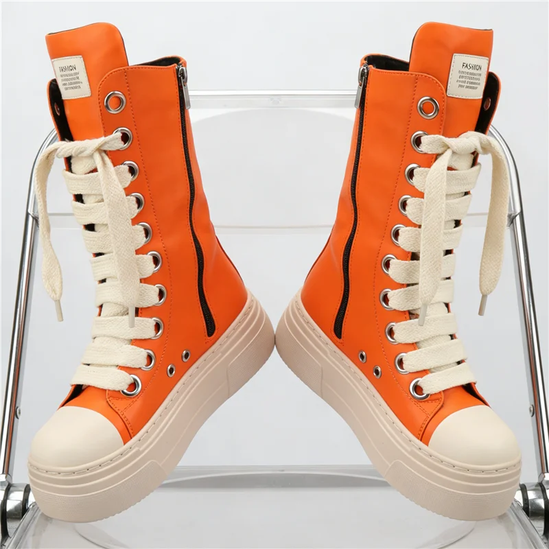 Fashion Thick Bottom Platform Unisex Shoes Women's Casual Sport Mid Boots Cross Tied All Match Increase Sneakers Female Runway