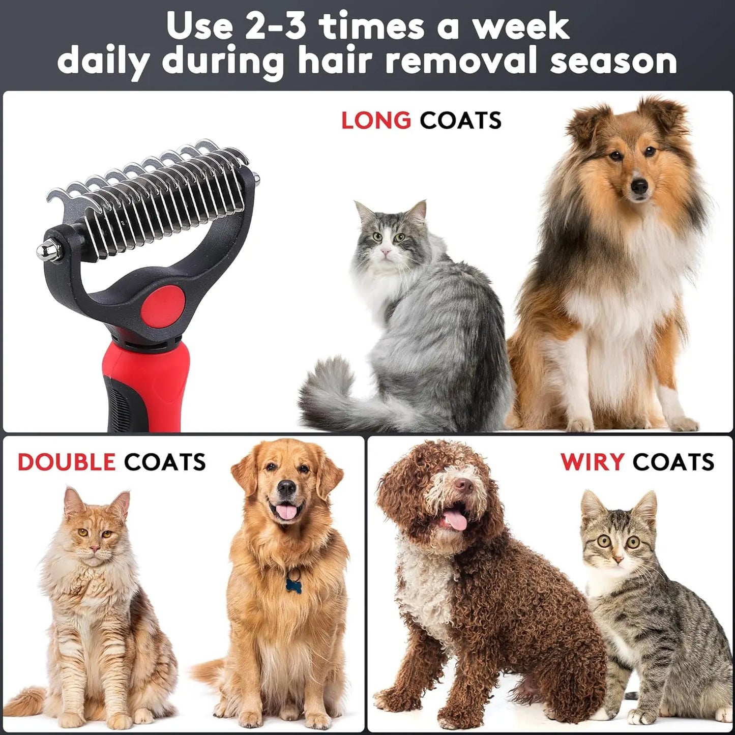 Deshedding Dog Brush for Long Haired Dogs Cats, Undercoat Rake, Dematting Tool, Metal Pet Comb, Red