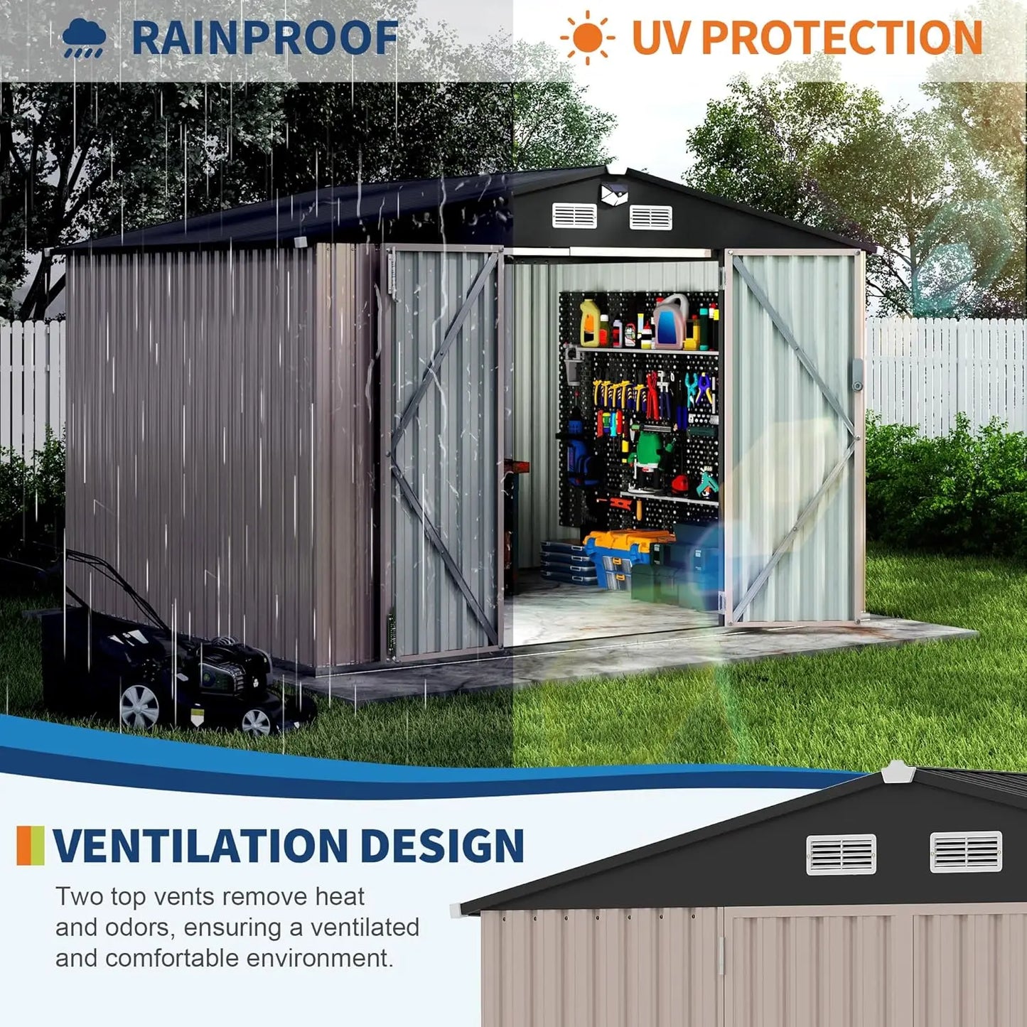 8x10 FT Metal Storage Sheds Outdoor with Solar Light, MetalTool Shed with Lockable Door, MetalYard Sheds Garden, Customized
