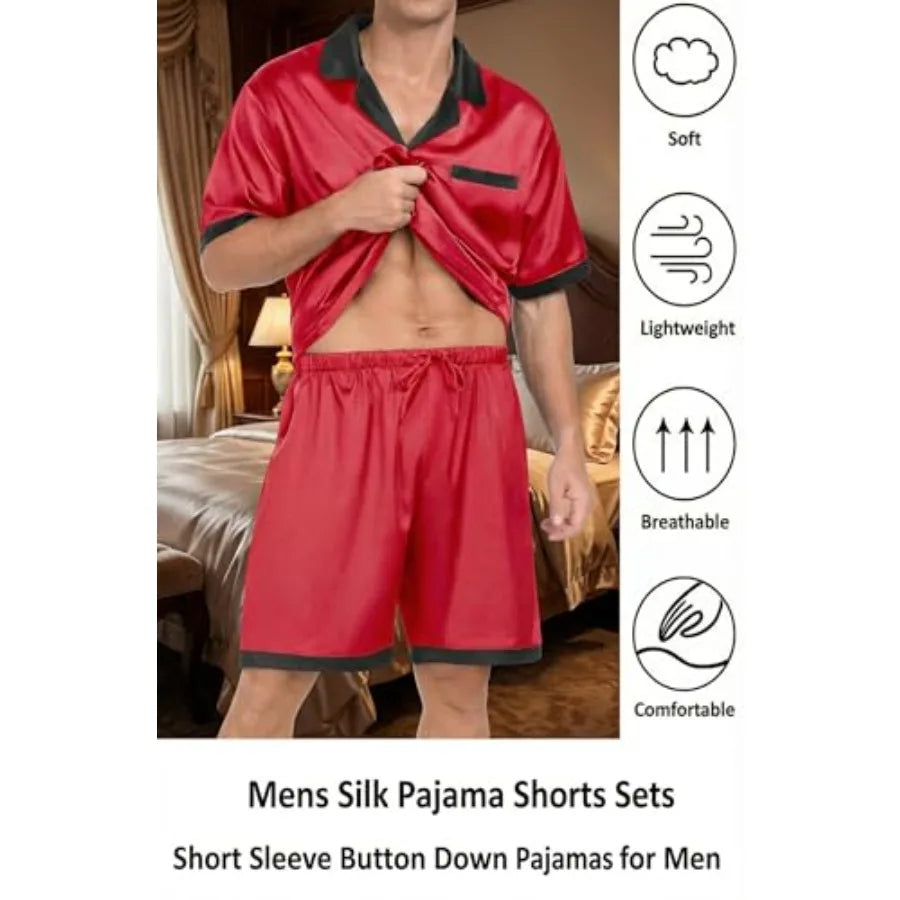 Men Satin Silk Pajamas Set with Pockets Sleepwear Shorts Satin Summer Loungewear 2 Pcs Button Down Set S-3XL