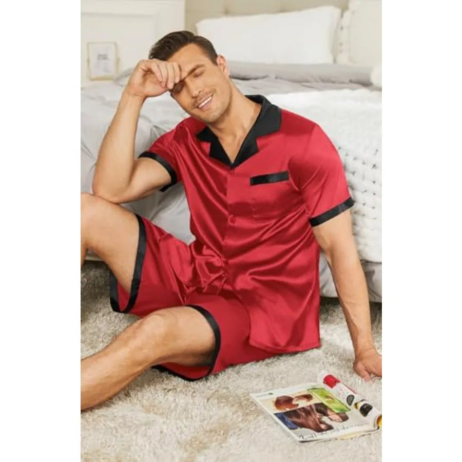 Men Satin Silk Pajamas Set with Pockets Sleepwear Shorts Satin Summer Loungewear 2 Pcs Button Down Set S-3XL