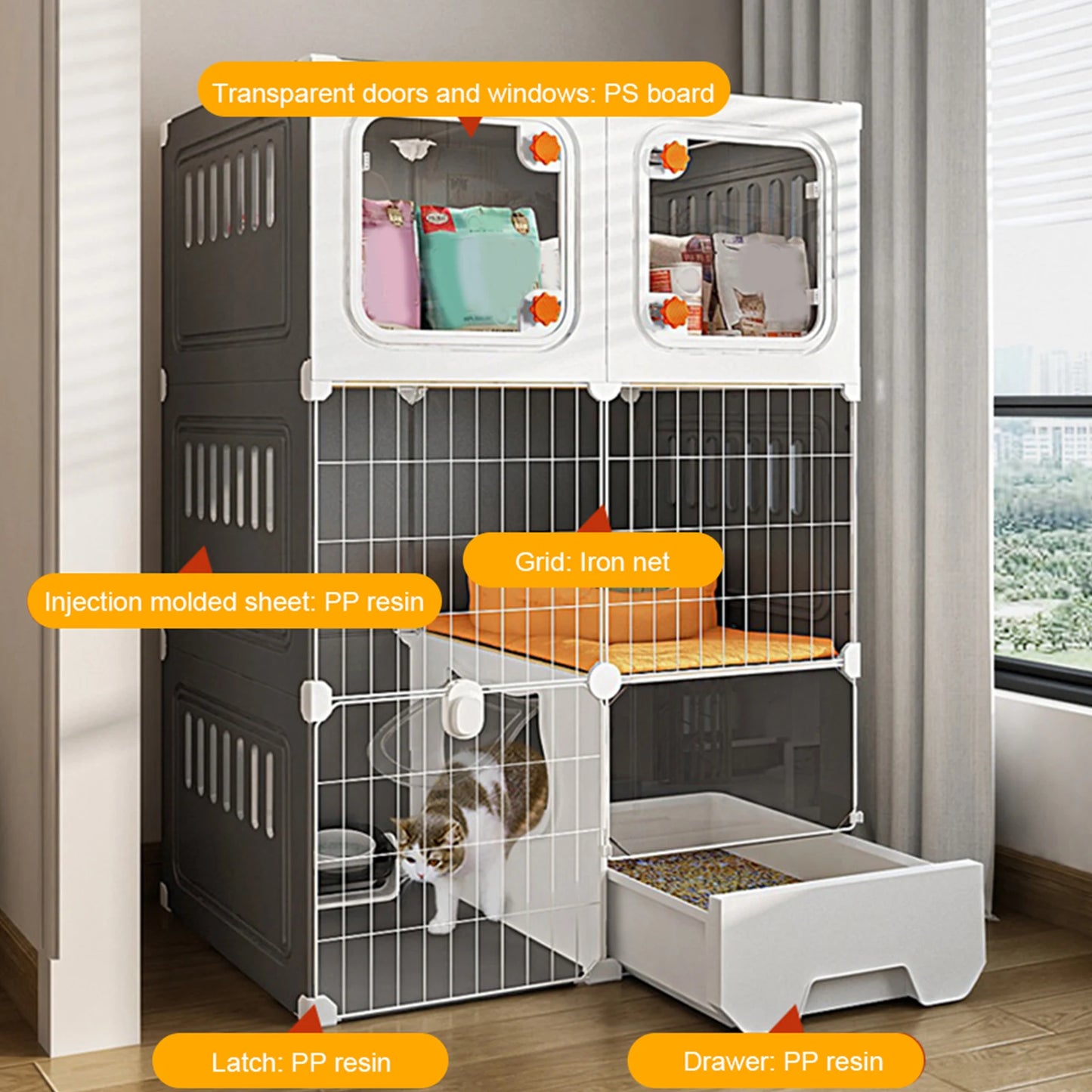 Large Cat Cage Indoor Metal Wire Cat Enclosure with Storage Cube Cat Bed Cat Crate Indoor Catio Scratcher Cats Litter Box