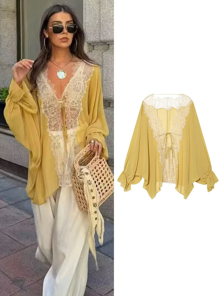TFMLN Women Lace Patchwork Lantern Long Sleeve Shirt Top Tie-up Loose Sheer Blouse Elegant Irregular High Street Fashion Lady