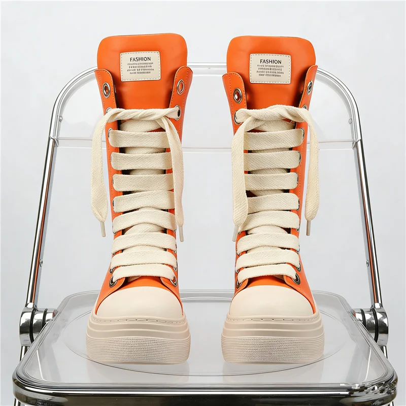 Fashion Thick Bottom Platform Unisex Shoes Women's Casual Sport Mid Boots Cross Tied All Match Increase Sneakers Female Runway