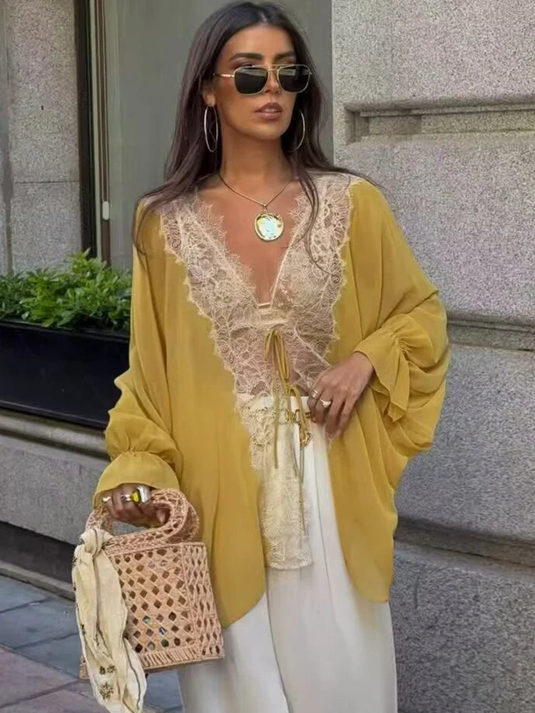 TFMLN Women Lace Patchwork Lantern Long Sleeve Shirt Top Tie-up Loose Sheer Blouse Elegant Irregular High Street Fashion Lady