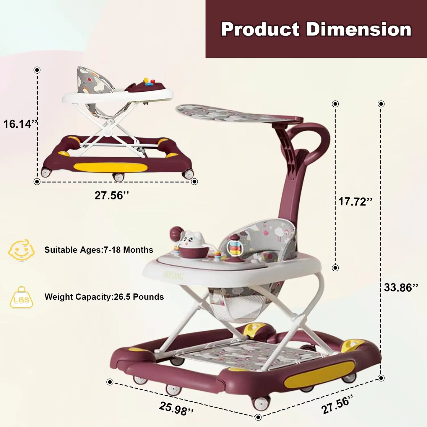 Multifunctional Baby Walker with Music,Lights,Spinning Wheels,Toy Rack,Pusher,Dining Tray For Kids Push Walker Antirollover 2026