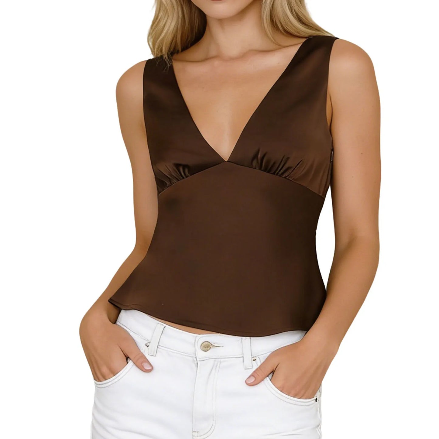 Color  Fit Women S Satin  Fit Trendy Sleeveless Deep Tops Trendy Sleeveless Sleeveless Fit Shirts